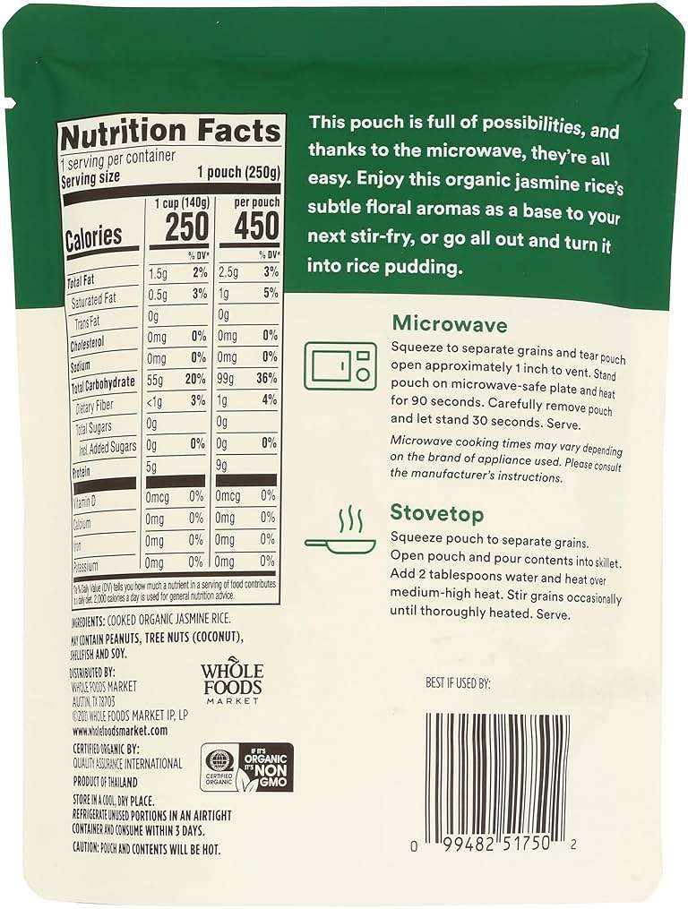 365 by Whole Foods Market, Organic Jasmine Rice, 90-Second Microwave in Pouch, 9 Ounce - Image 2