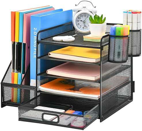 Marbrasse Desk Organizer with File Holder, 5-Tier Paper Letter Tray Organizer with Drawer and 2 Pen Holder, Mesh Desktop Organizer and Storage with Magazine Holder for Office Supplies(Black) - Image 1