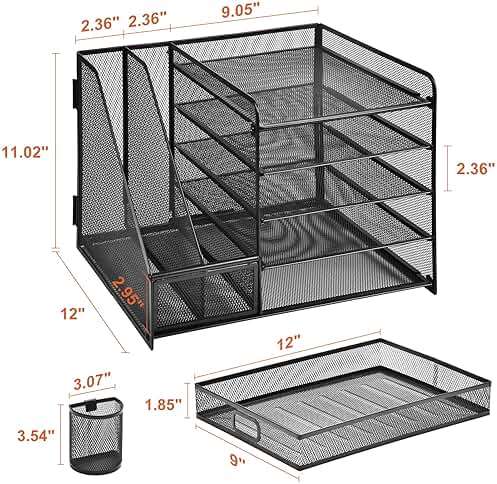 Marbrasse Desk Organizer with File Holder, 5-Tier Paper Letter Tray Organizer with Drawer and 2 Pen Holder, Mesh Desktop Organizer and Storage with Magazine Holder for Office Supplies(Black) - Image 3