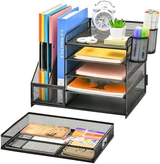 Marbrasse Desk Organizer with File Holder, 5-Tier Paper Letter Tray Organizer with Drawer and 2 Pen Holder, Mesh Desktop Organizer and Storage with Magazine Holder for Office Supplies(Black) - Image 4