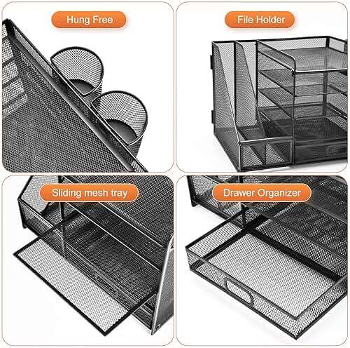 Marbrasse Desk Organizer with File Holder, 5-Tier Paper Letter Tray Organizer with Drawer and 2 Pen Holder, Mesh Desktop Organizer and Storage with Magazine Holder for Office Supplies(Black) - Image 5
