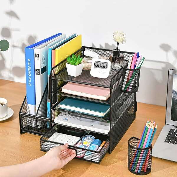 Marbrasse Desk Organizer with File Holder, 5-Tier Paper Letter Tray Organizer with Drawer and 2 Pen Holder, Mesh Desktop Organizer and Storage with Magazine Holder for Office Supplies(Black) - Image 6