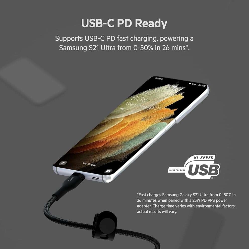 Belkin BoostCharge Pro Flex Braided USB-C to USB-C Cable (3M/10FT), USB-IF Fast Charging Cable for iPhone 16 Series, MacBook Pro, iPad Pro, Galaxy S25, S24, Nintendo Switch 2 & More - Black - Image 5
