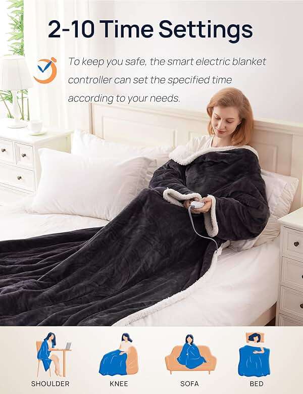Westinghouse Wearable Heated Blanket Throw, Electric Snuggle Throw Blankets with Foot Pocket and Sleeves, 6 Heating Levels & 2-10 Auto Shut-Off, Gift for Family, Friends, 50 * 70"+18", Grey - Image 5
