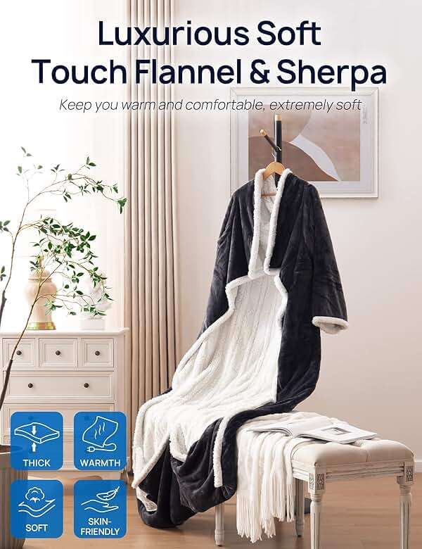 Westinghouse Wearable Heated Blanket Throw, Electric Snuggle Throw Blankets with Foot Pocket and Sleeves, 6 Heating Levels & 2-10 Auto Shut-Off, Gift for Family, Friends, 50 * 70"+18", Grey - Image 6