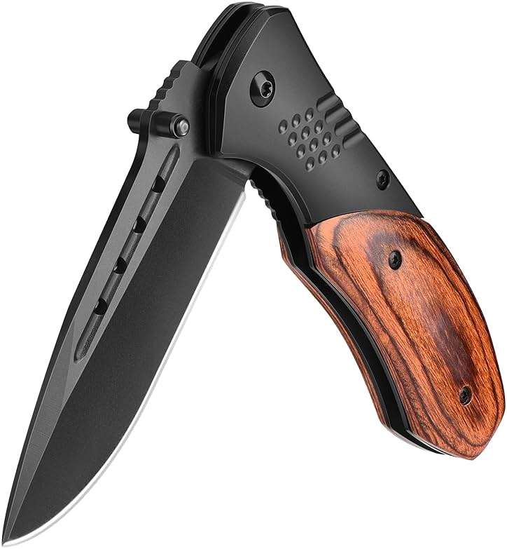 KEXMO Pocket Knife for Men - Sharp Blade Wood Handle Pocket Folding Knives with Clip, Glass Breaker - EDC Knives for Survival Camping Hunting Fishing Hiking Women, Large, Black - Image 1