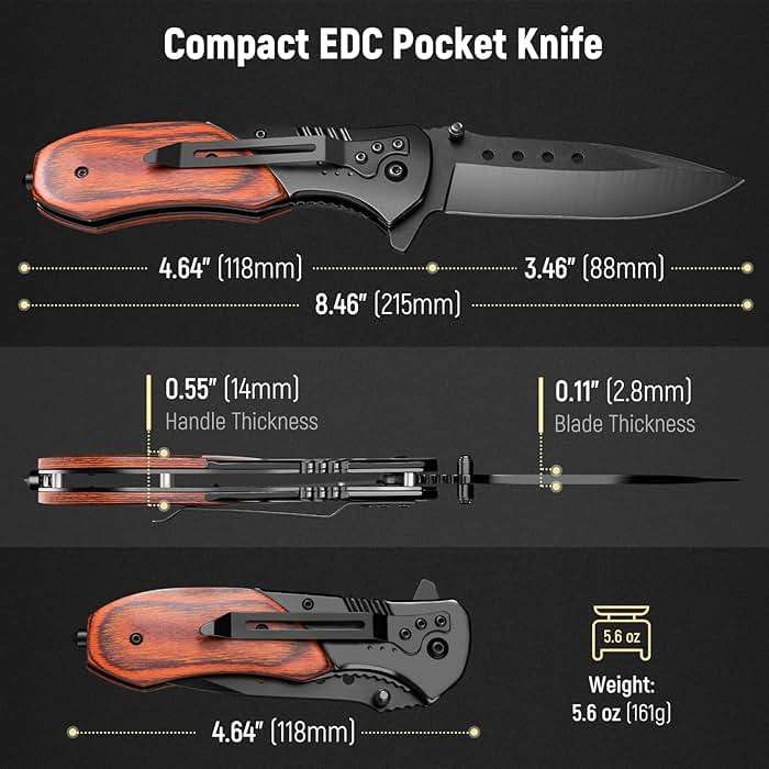 KEXMO Pocket Knife for Men - Sharp Blade Wood Handle Pocket Folding Knives with Clip, Glass Breaker - EDC Knives for Survival Camping Hunting Fishing Hiking Women, Large, Black - Image 2