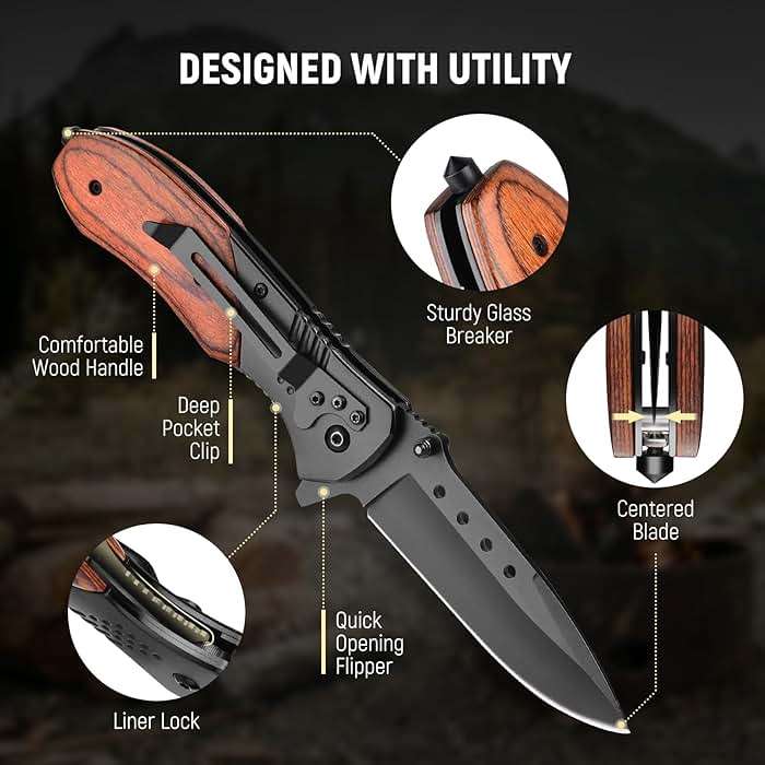 KEXMO Pocket Knife for Men - Sharp Blade Wood Handle Pocket Folding Knives with Clip, Glass Breaker - EDC Knives for Survival Camping Hunting Fishing Hiking Women, Large, Black - Image 3