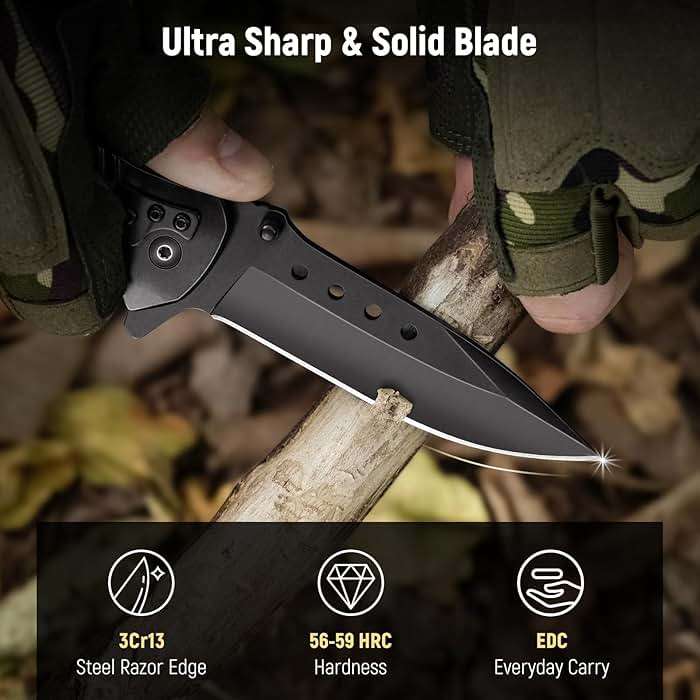 KEXMO Pocket Knife for Men - Sharp Blade Wood Handle Pocket Folding Knives with Clip, Glass Breaker - EDC Knives for Survival Camping Hunting Fishing Hiking Women, Large, Black - Image 4