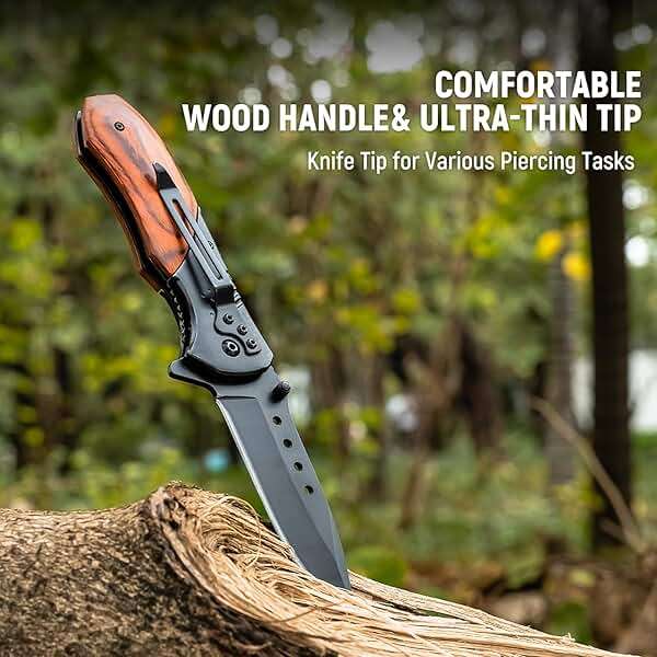 KEXMO Pocket Knife for Men - Sharp Blade Wood Handle Pocket Folding Knives with Clip, Glass Breaker - EDC Knives for Survival Camping Hunting Fishing Hiking Women, Large, Black - Image 6