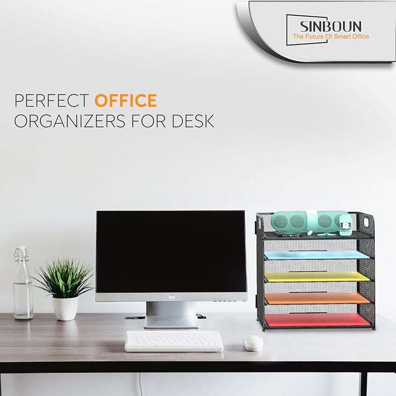 Letter Tray Paper Organizer 5-Tier Desk Organizer File Organizer Paper Holder with Handle, Metal Desktop Document Shelf Tray Office Classroom Organization - Black - Image 7