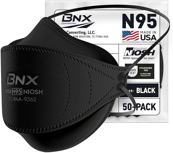 BNX N95 Mask NIOSH Certified MADE IN USA Particulate Respirator Protective Face Mask, Tri-Fold Cup/Fish Style, (50-Pack, Approval Number TC-84A-9362 / Model F95B) Black - Image 1