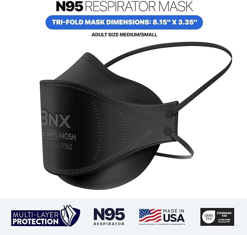 BNX N95 Mask NIOSH Certified MADE IN USA Particulate Respirator Protective Face Mask, Tri-Fold Cup/Fish Style, (50-Pack, Approval Number TC-84A-9362 / Model F95B) Black - Image 5