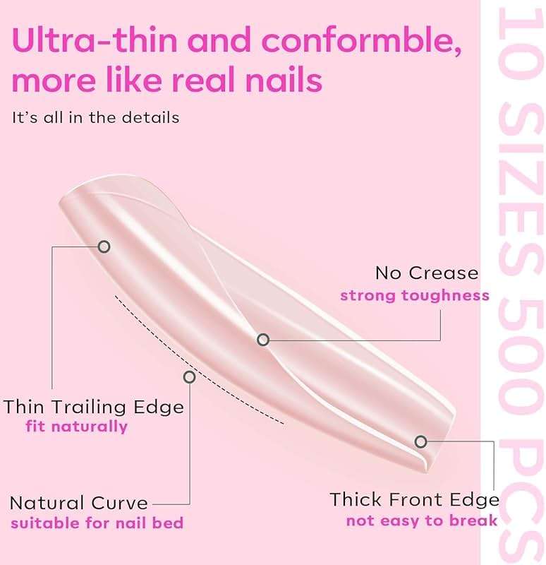 modelones X Nail Gel Kit, Fake Nails Long Coffin, 9-in-One Glue Prep Dehydrator & Portable Mini U V Light Acrylic Clipper, 500Pcs Coffin Tips for Extension Kit DIY Salon Home Gifts for Women - Image 5