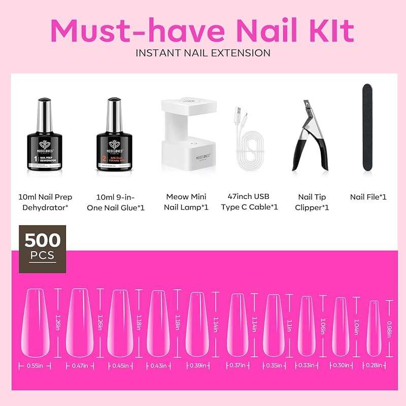 modelones X Nail Gel Kit, Fake Nails Long Coffin, 9-in-One Glue Prep Dehydrator & Portable Mini U V Light Acrylic Clipper, 500Pcs Coffin Tips for Extension Kit DIY Salon Home Gifts for Women - Image 6