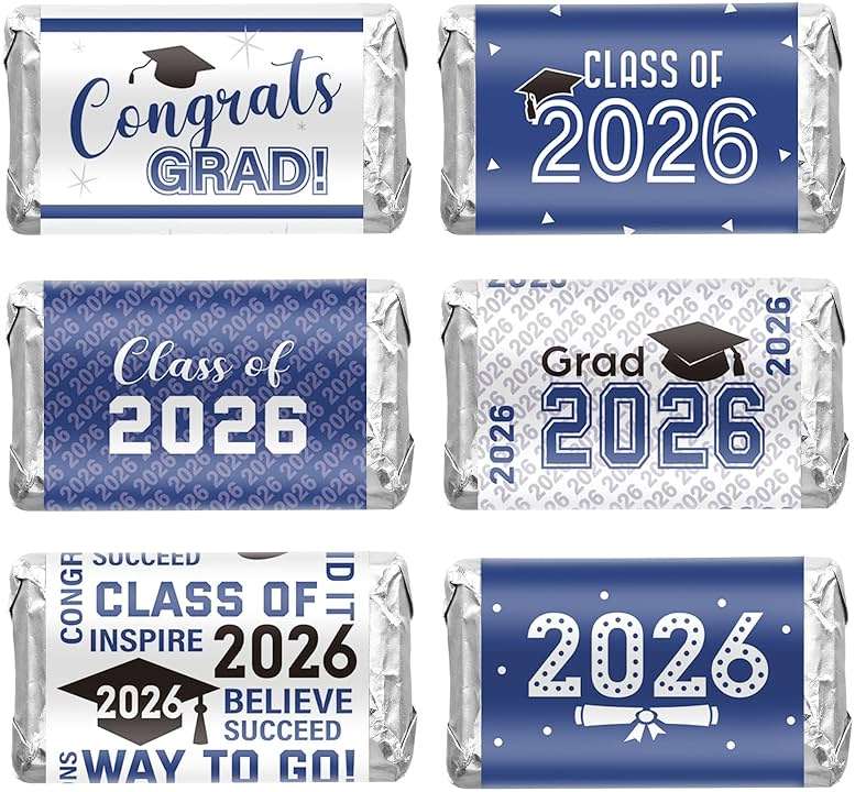 Outus 90 Pcs Graduation 2026 Decoration Label Sticker - Congrats Grad Mini Candy Bar Wrapper Class of 2026 Party Supplies for High School College Nursing Grad, Candy Not Included (Blue and White) - Image 1