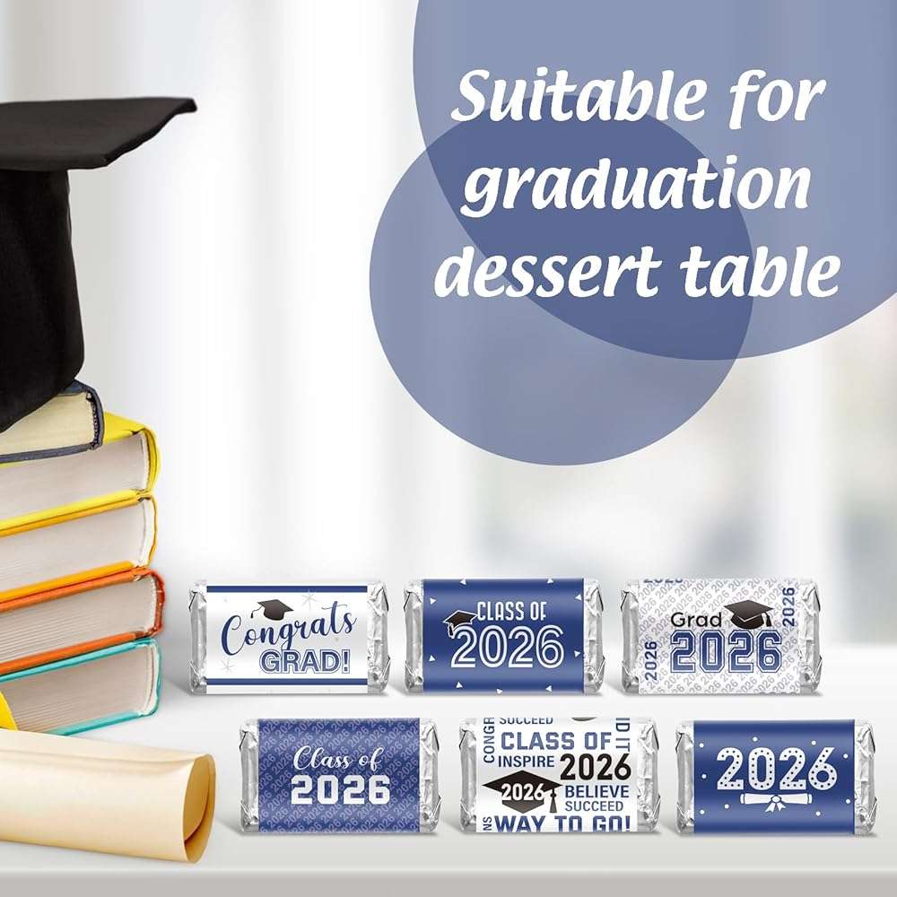 Outus 90 Pcs Graduation 2026 Decoration Label Sticker - Congrats Grad Mini Candy Bar Wrapper Class of 2026 Party Supplies for High School College Nursing Grad, Candy Not Included (Blue and White) - Image 3