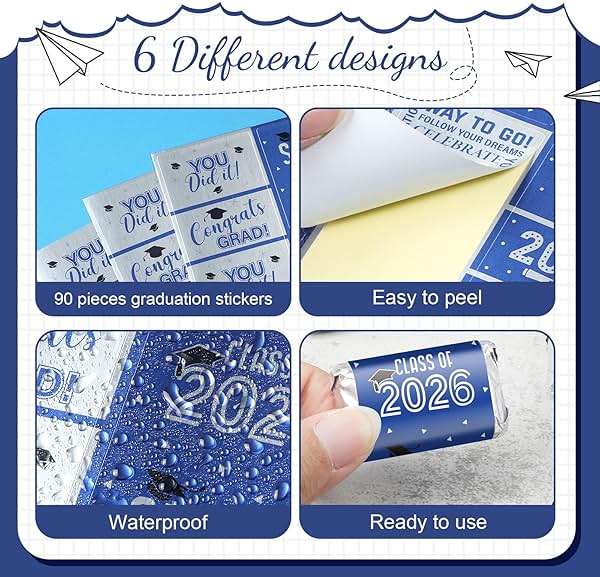 Outus 90 Pcs Graduation 2026 Decoration Label Sticker - Congrats Grad Mini Candy Bar Wrapper Class of 2026 Party Supplies for High School College Nursing Grad, Candy Not Included (Blue and White) - Image 5