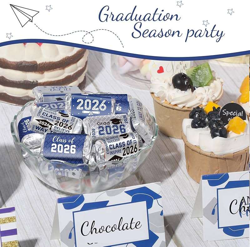 Outus 90 Pcs Graduation 2026 Decoration Label Sticker - Congrats Grad Mini Candy Bar Wrapper Class of 2026 Party Supplies for High School College Nursing Grad, Candy Not Included (Blue and White) - Image 6