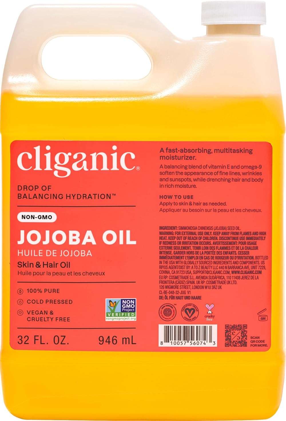 Cliganic Non-GMO Jojoba Oil Bulk 32oz, 100% Pure - Natural Cold Pressed Unrefined Hexane Free Oil for Hair & Face - Image 1