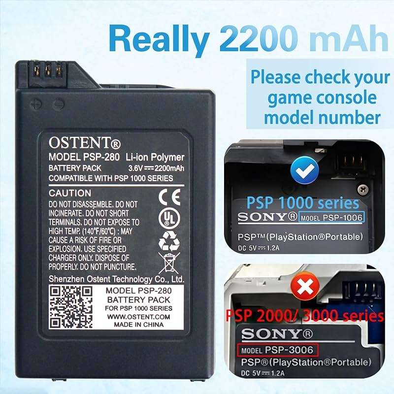 OSTENT Upgraded Version Real 2200mAh 3.6V Lithium Ion Li-ion Polymer Rechargeable Battery Replacement for Sony PSP 1000 PSP-280 Console Video Games - Image 2