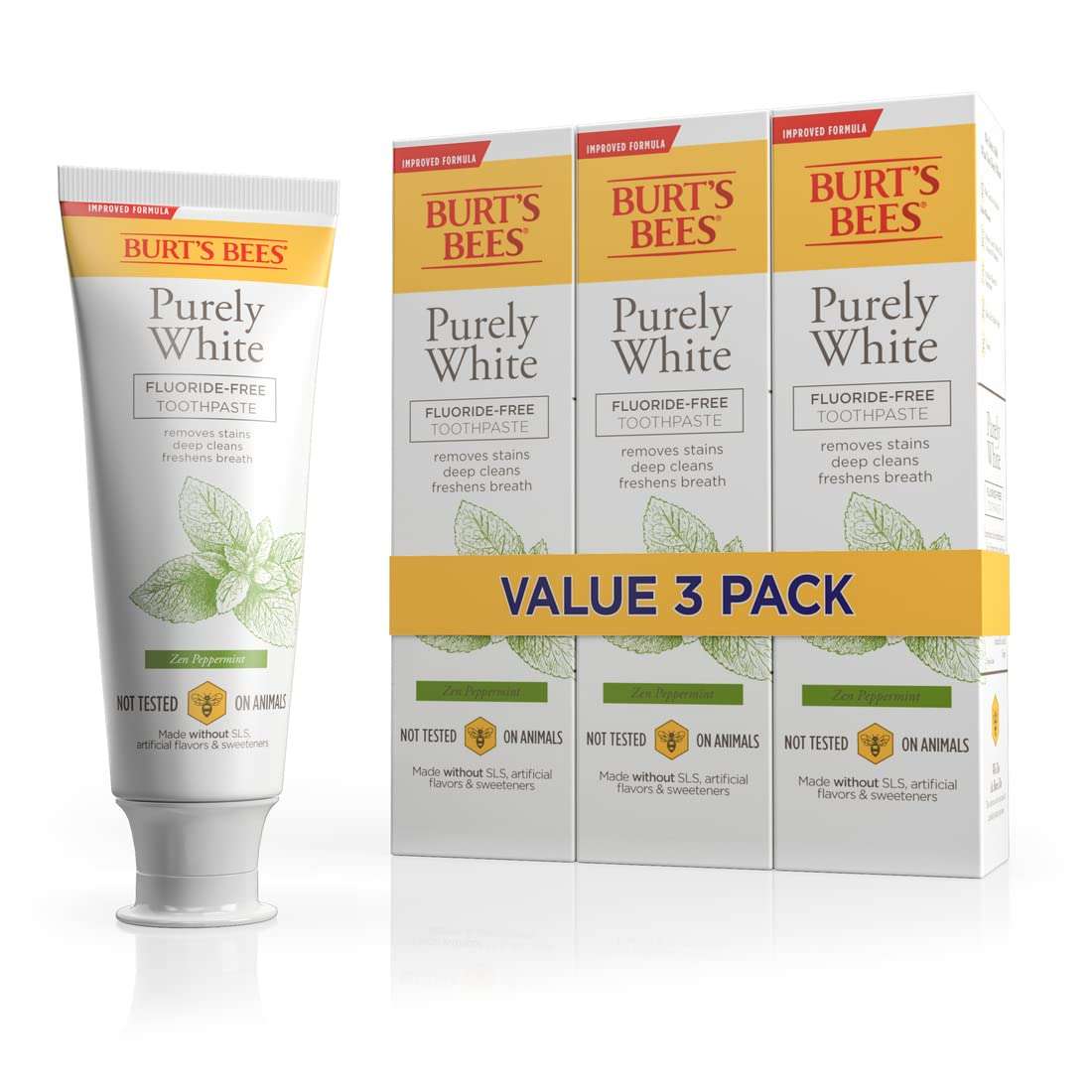 Burt's Bees Toothpaste, Natural Flavor, Fluoride-Free, Purely White, Zen Peppermint, 4.7 oz, Pack of 3 - Image 1