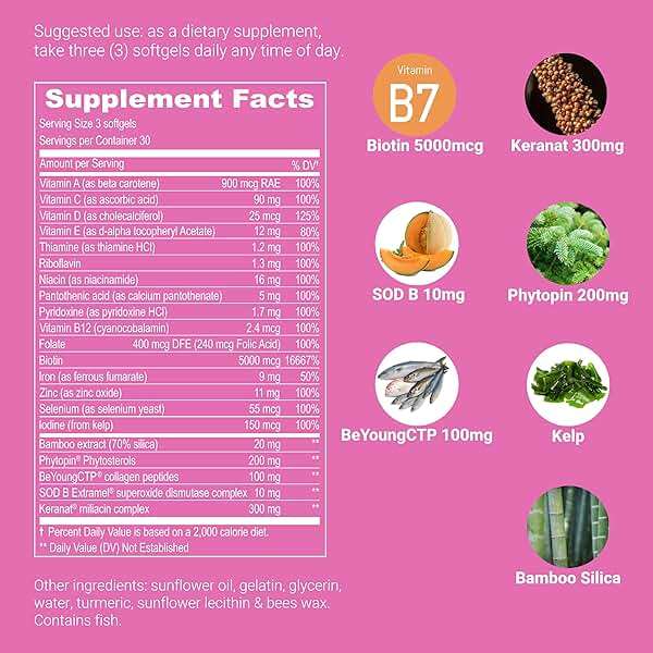 UpNourish Hair Growth Vitamins for Women - Proven Hair Supplement with KERANAT, DHT Blocker PHYTOPIN, Biotin 5000 mcg & SOD, Hair Vitamins for Faster Hair Growth, Hair Loss & Thinning Hair - 90 ct - Image 6