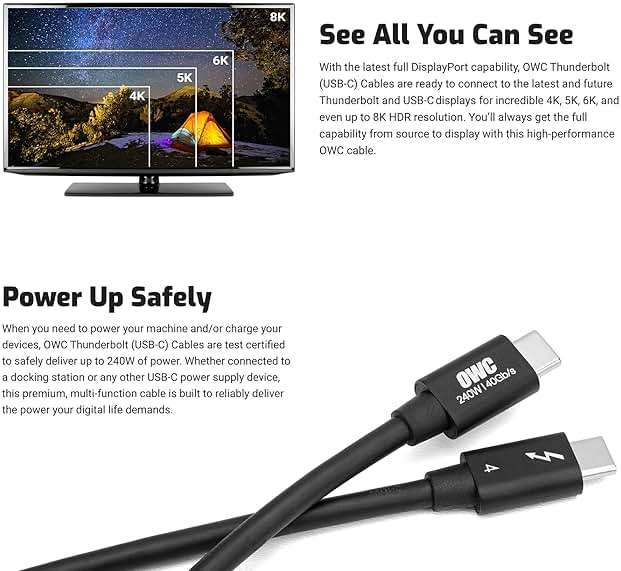 OWC 28-Inch Thunderbolt 4 and USB-C Cable with 40 GBPS Data Transfer, 240W Power Charging and 8K Video Capability (Black) - Image 7