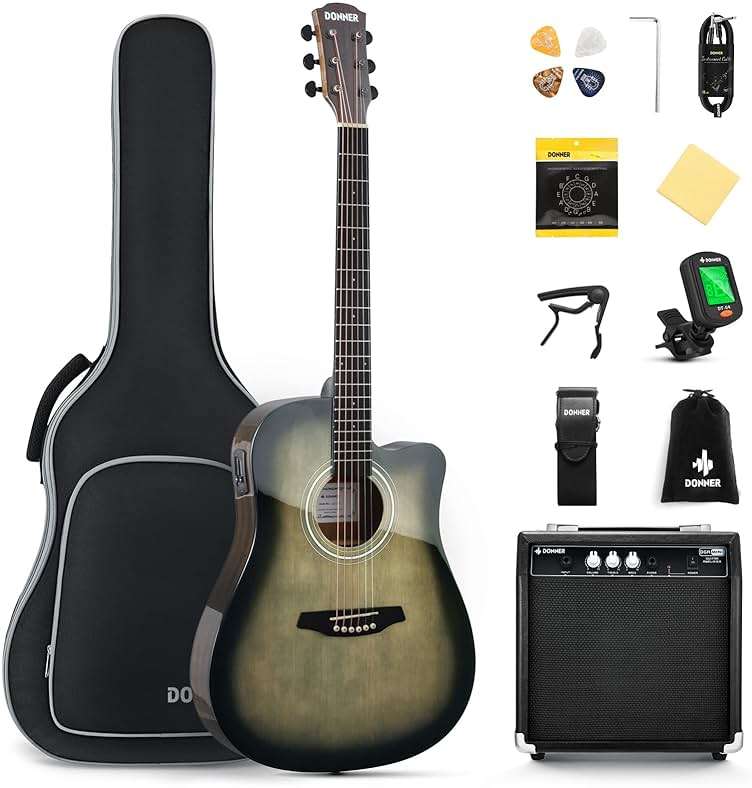 Donner Acoustic Electric Guitar Full Size Kit for Beginner Intermediate with Amplifier Capo Pick Tuner Strings Strap - 41 Inch - Image 1