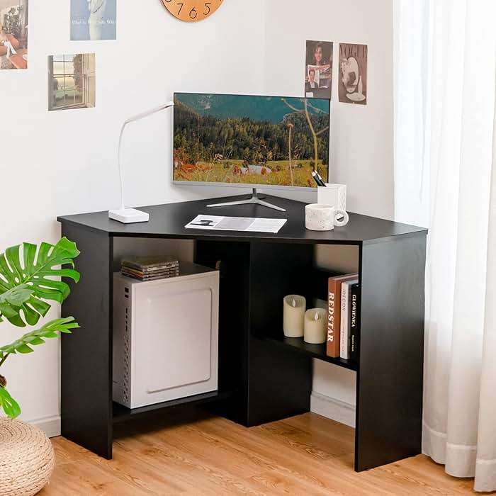 Tangkula Corner Desk, 90 Degrees Triangle Computer Desk for Small Space, Bedroom Corner Makeup Vanity Desk with Storage Shelves & CPU Stand - Image 1