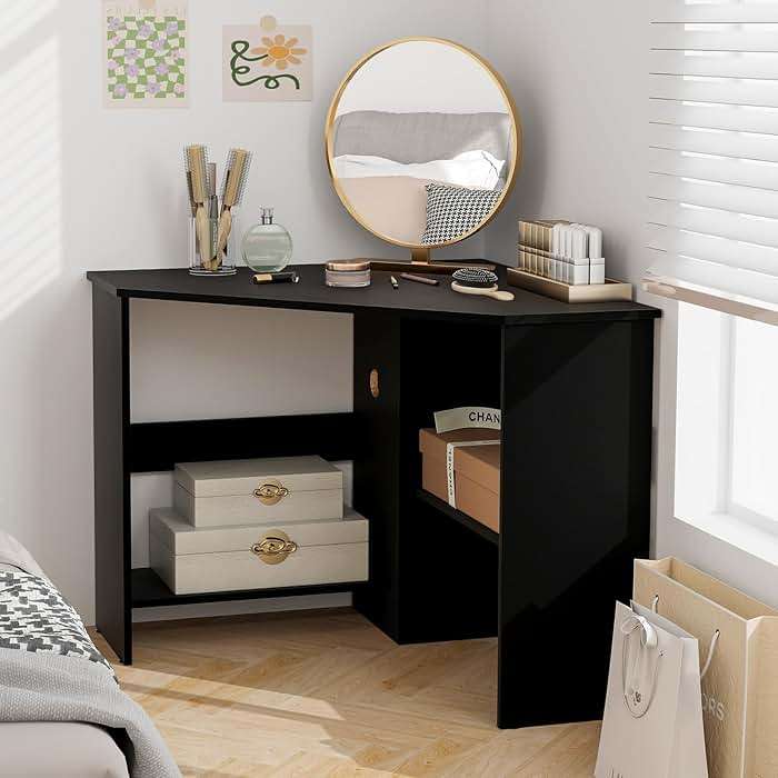 Tangkula Corner Desk, 90 Degrees Triangle Computer Desk for Small Space, Bedroom Corner Makeup Vanity Desk with Storage Shelves & CPU Stand - Image 4