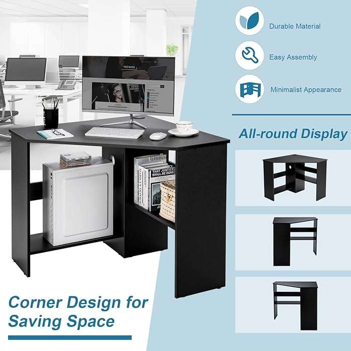 Tangkula Corner Desk, 90 Degrees Triangle Computer Desk for Small Space, Bedroom Corner Makeup Vanity Desk with Storage Shelves & CPU Stand - Image 5