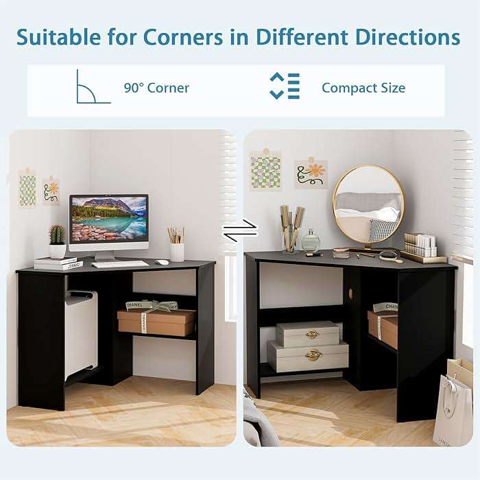 Tangkula Corner Desk, 90 Degrees Triangle Computer Desk for Small Space, Bedroom Corner Makeup Vanity Desk with Storage Shelves & CPU Stand - Image 6