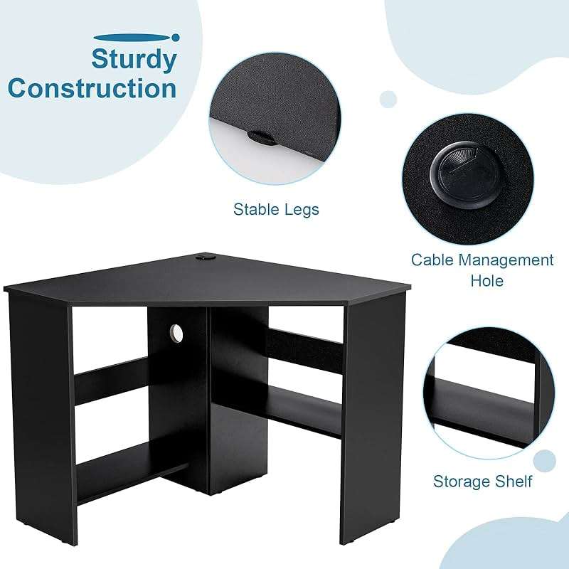 Tangkula Corner Desk, 90 Degrees Triangle Computer Desk for Small Space, Bedroom Corner Makeup Vanity Desk with Storage Shelves & CPU Stand - Image 7