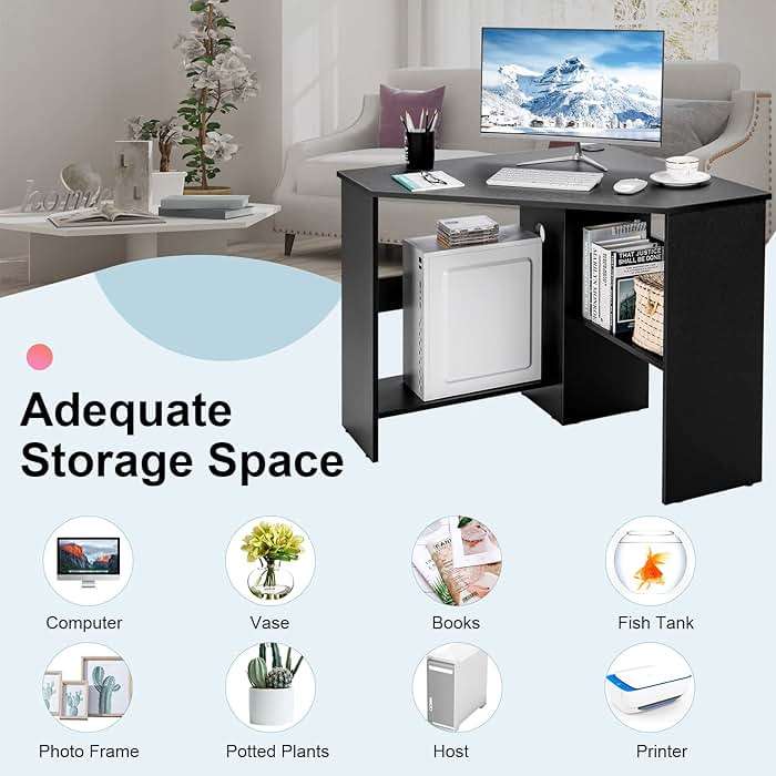 Tangkula Corner Desk, 90 Degrees Triangle Computer Desk for Small Space, Bedroom Corner Makeup Vanity Desk with Storage Shelves & CPU Stand - Image 8