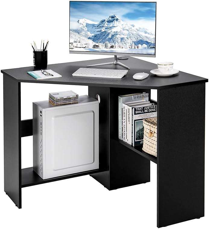 Tangkula Corner Desk, 90 Degrees Triangle Computer Desk for Small Space, Bedroom Corner Makeup Vanity Desk with Storage Shelves & CPU Stand - Image 9