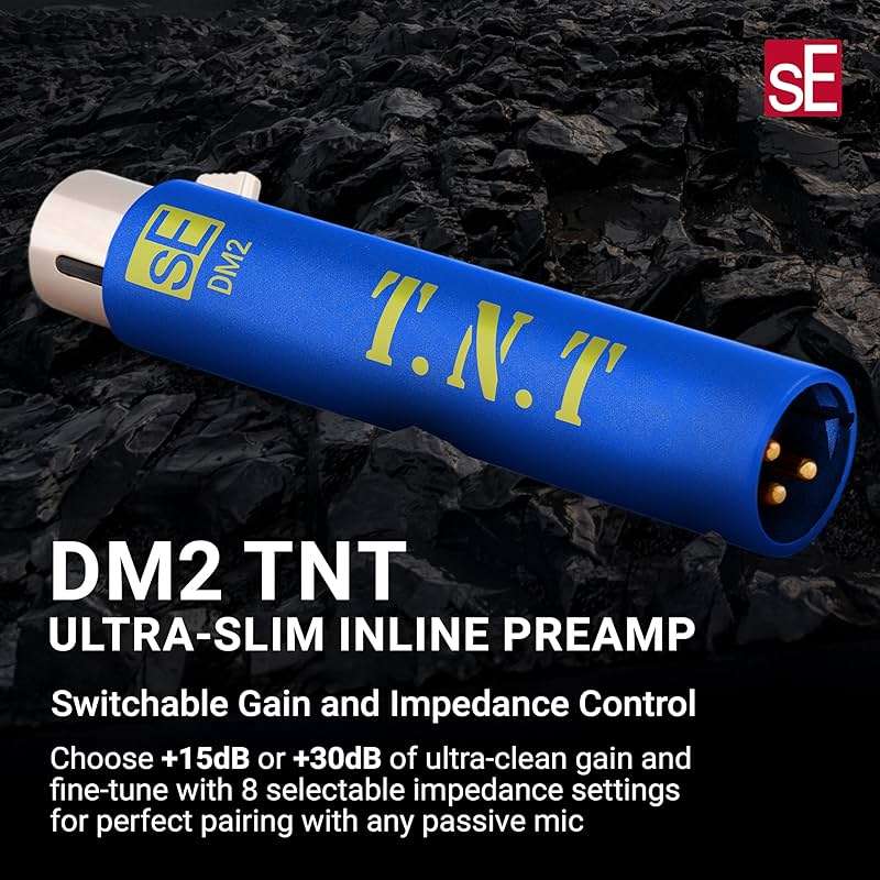 sE Electronics DM2 TNT Ultra-Slim Inline Microphone Preamp for Ribbon & Dynamic Microphones - Mic Preamp with 2 Gain Settings (+15dB or +30dB) & 8 Load Settings (50 Ohm-10 M Ohm) (Blue) - Image 2