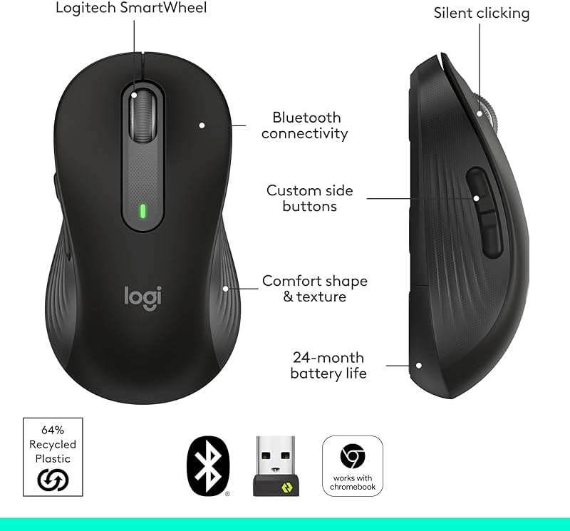 Logitech Signature M650 Wireless Mouse - for Small to Medium Sized Hands, 2-Year Battery, Silent Clicks, Customizable Side Buttons, Bluetooth, for PC/Mac/Multi-Device/Chromebook - Black - Image 7