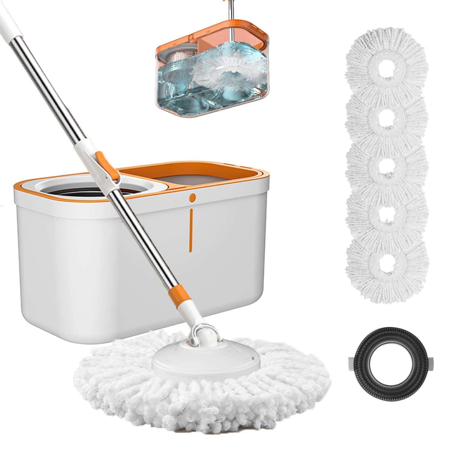 Floor Spin Mop and Bucket Set with Wringer System Extended Stainless Steel Handle 61＂for Home Floor Cleaning Use with 5 Replacement Head Refill and 1 Cleaning Brush Head - Image 1