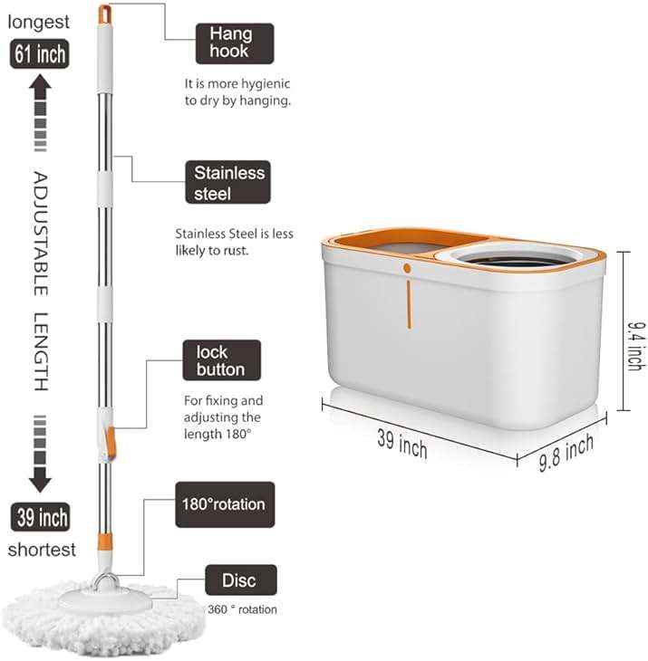 Floor Spin Mop and Bucket Set with Wringer System Extended Stainless Steel Handle 61＂for Home Floor Cleaning Use with 5 Replacement Head Refill and 1 Cleaning Brush Head - Image 2