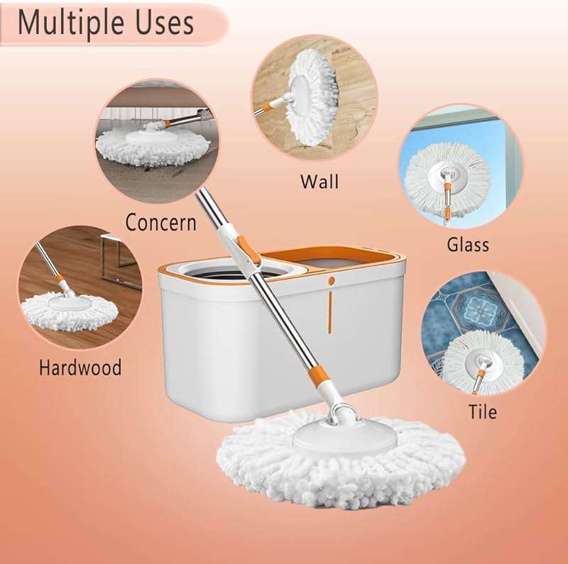 Floor Spin Mop and Bucket Set with Wringer System Extended Stainless Steel Handle 61＂for Home Floor Cleaning Use with 5 Replacement Head Refill and 1 Cleaning Brush Head - Image 3