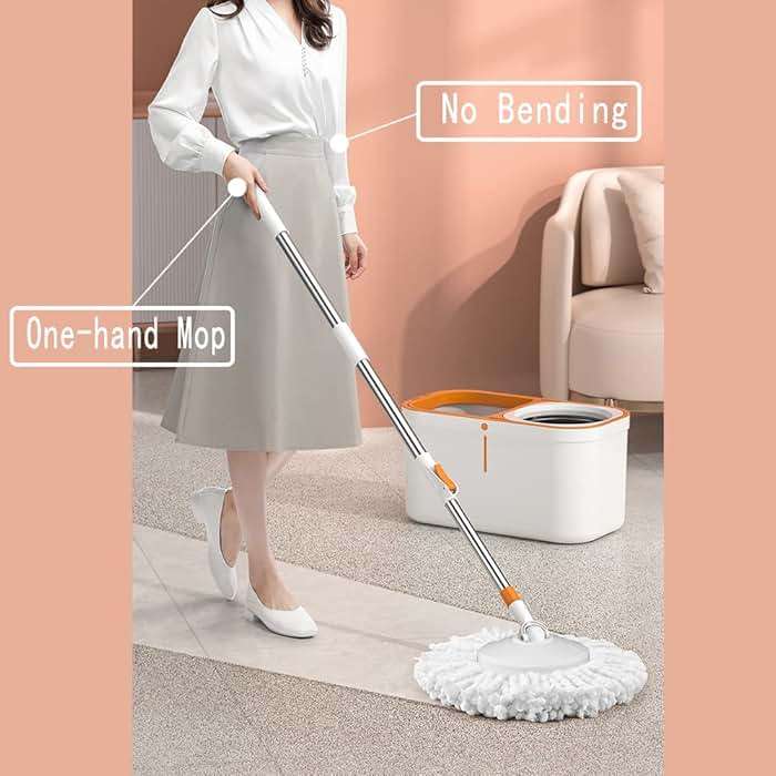 Floor Spin Mop and Bucket Set with Wringer System Extended Stainless Steel Handle 61＂for Home Floor Cleaning Use with 5 Replacement Head Refill and 1 Cleaning Brush Head - Image 4