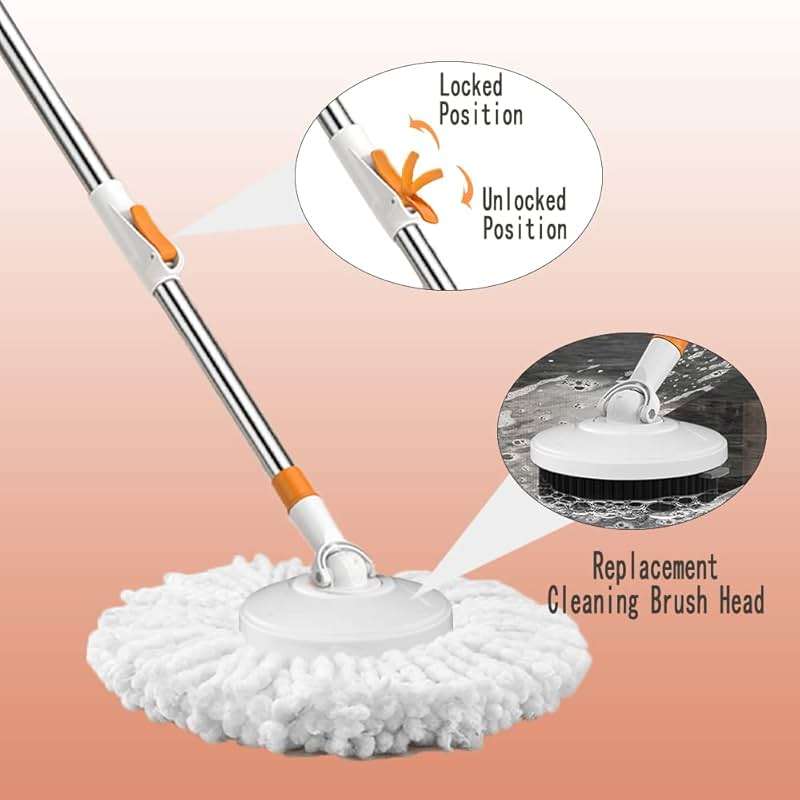 Floor Spin Mop and Bucket Set with Wringer System Extended Stainless Steel Handle 61＂for Home Floor Cleaning Use with 5 Replacement Head Refill and 1 Cleaning Brush Head - Image 5
