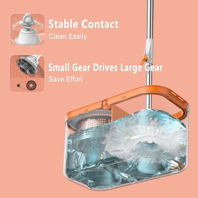 Floor Spin Mop and Bucket Set with Wringer System Extended Stainless Steel Handle 61＂for Home Floor Cleaning Use with 5 Replacement Head Refill and 1 Cleaning Brush Head - Image 6