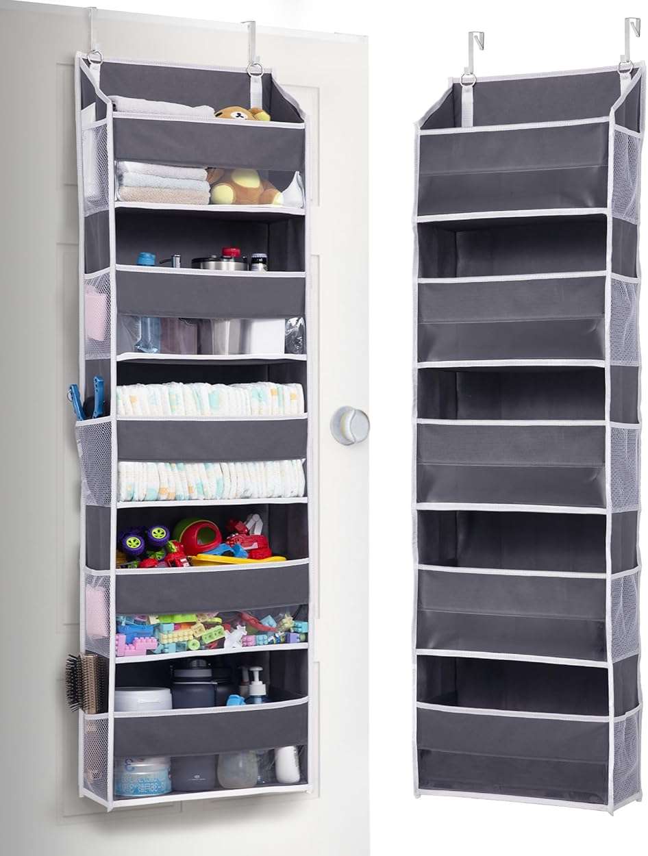 ULG 1 Pack Over Door Organizer with 5 Large and 10 Mesh Side Pockets, 44 lbs Weight Capacity Hanging Storage with Clear Window Kids Toys, Shoes, Diapers, Dark Grey, 5 Layers - Image 1