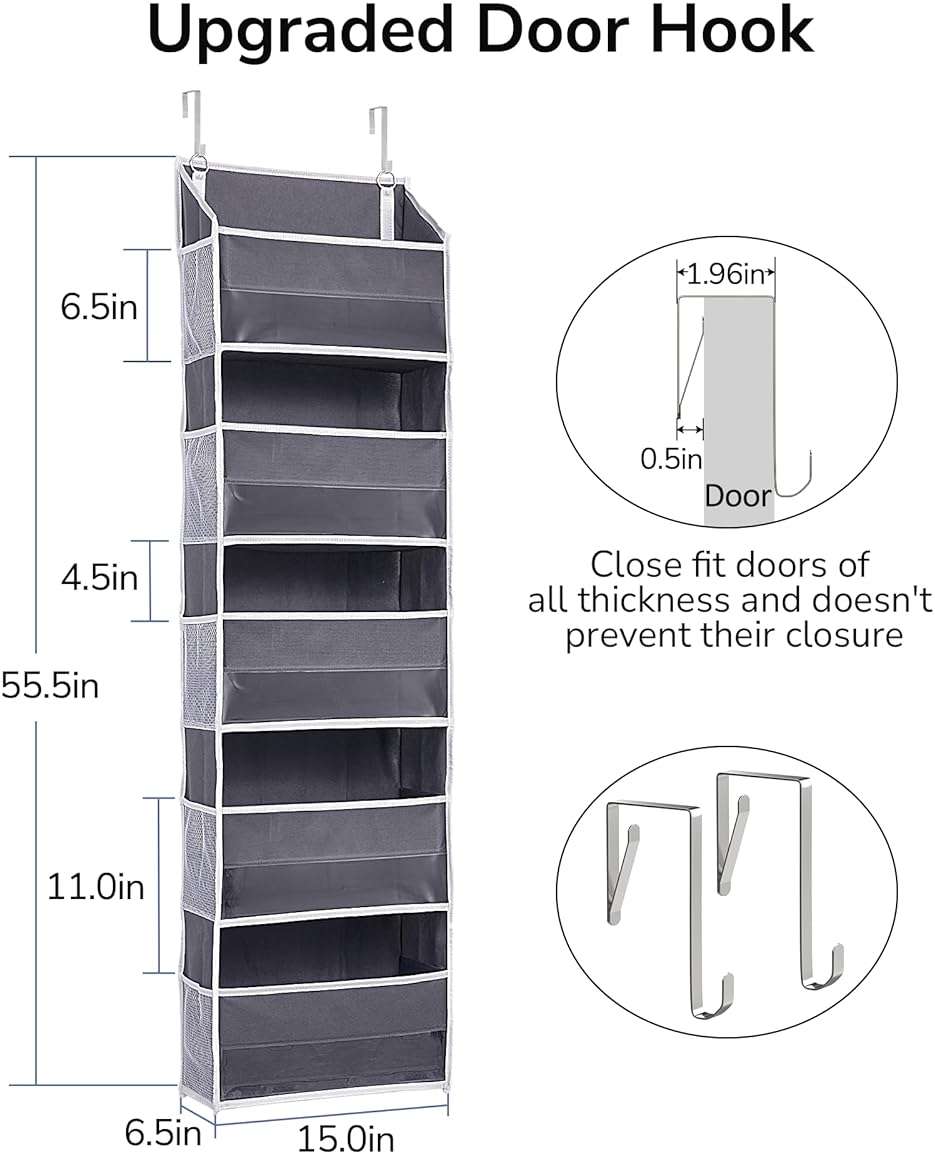 ULG 1 Pack Over Door Organizer with 5 Large and 10 Mesh Side Pockets, 44 lbs Weight Capacity Hanging Storage with Clear Window Kids Toys, Shoes, Diapers, Dark Grey, 5 Layers - Image 2