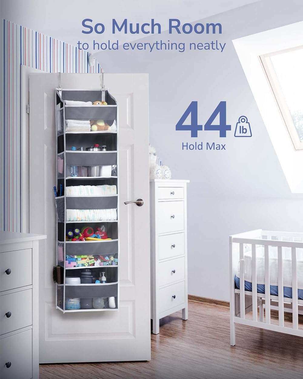 ULG 1 Pack Over Door Organizer with 5 Large and 10 Mesh Side Pockets, 44 lbs Weight Capacity Hanging Storage with Clear Window Kids Toys, Shoes, Diapers, Dark Grey, 5 Layers - Image 4