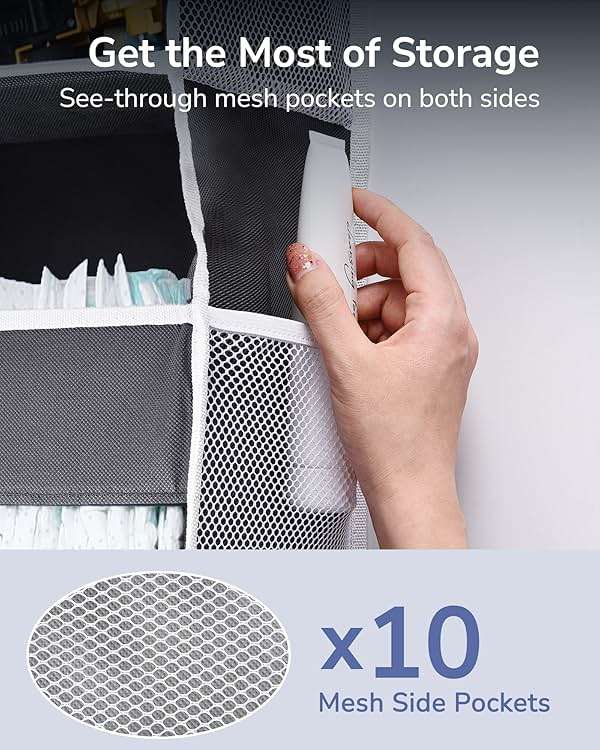 ULG 1 Pack Over Door Organizer with 5 Large and 10 Mesh Side Pockets, 44 lbs Weight Capacity Hanging Storage with Clear Window Kids Toys, Shoes, Diapers, Dark Grey, 5 Layers - Image 5