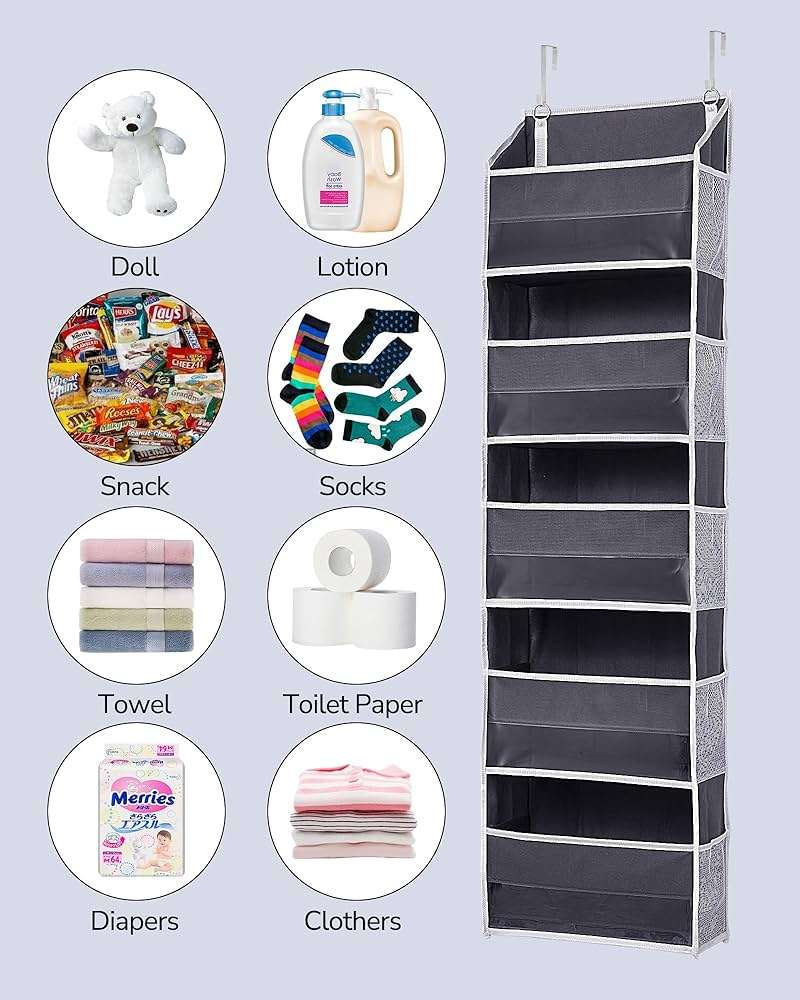 ULG 1 Pack Over Door Organizer with 5 Large and 10 Mesh Side Pockets, 44 lbs Weight Capacity Hanging Storage with Clear Window Kids Toys, Shoes, Diapers, Dark Grey, 5 Layers - Image 6