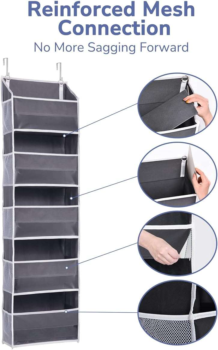ULG 1 Pack Over Door Organizer with 5 Large and 10 Mesh Side Pockets, 44 lbs Weight Capacity Hanging Storage with Clear Window Kids Toys, Shoes, Diapers, Dark Grey, 5 Layers - Image 7